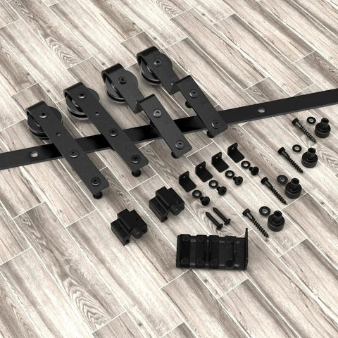 Bypass Mini Barn Door Hardware Kit with Double Sliding Rollers in Black Powder Coat, Solid Steel Construction on floor display.