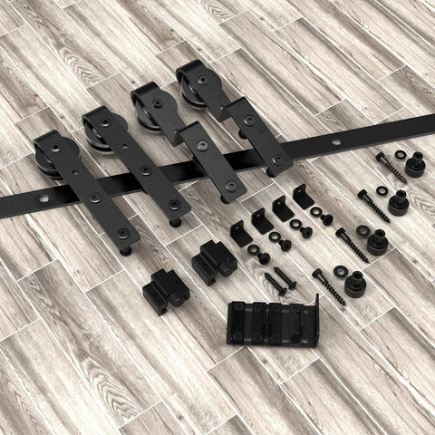 4Ft Bypass Mini Barn Door Hardware Kit DIY Ready For Double Sliding Doors Roller Set In Black Coated Steel Hardware Only Not Included Door.