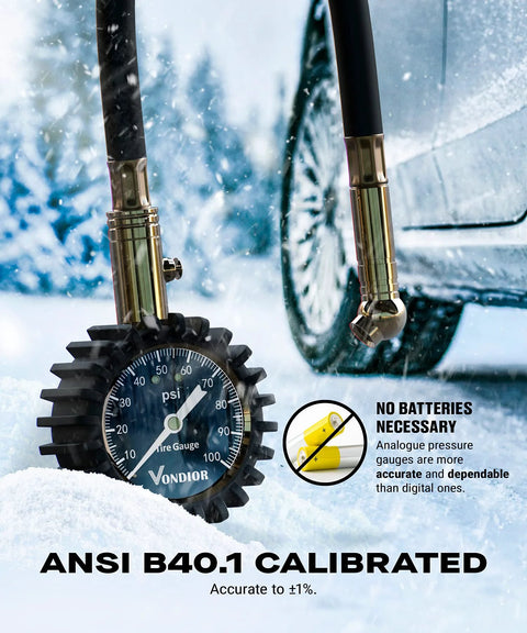 Vondior tire pressure gauge with large blue dial (0-100 psi) and brass hose connections in a snowy car scene