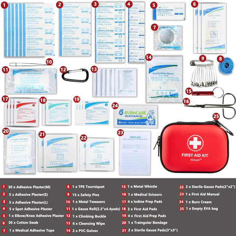 Mini First Aid Kit 120 Piece Waterproof Hard Shell Medical Kit For Car Home Office Travel Camping Sports Outdoor School Emergency Supplies And Survival Gear Red with contents displayed