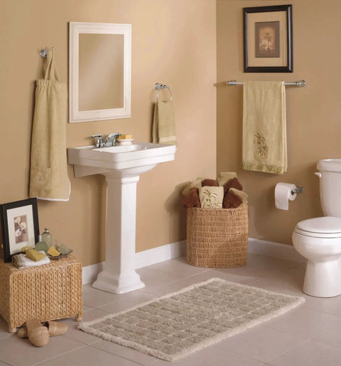 Bathroom with Mason Chrome Tissue Paper Holder Roller Only With Pro Fit Installation System Easy Wall Mount 5.62 Inch Long Dispenser.