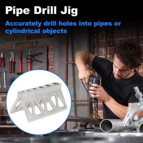 A handheld pipe drill jig that centers the bit on pipes and cylinders, used in plumbing and metalwork with visible drill holes.