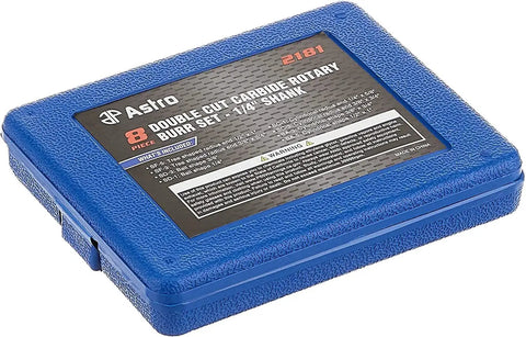 Closed blue blow-molded case of Double Cut Carbide Rotary Burr Set For Pro Grade Porting And Hole Opening, 8-Piece With 1/4 Inch Shank, Sintered Tungsten Carbide.