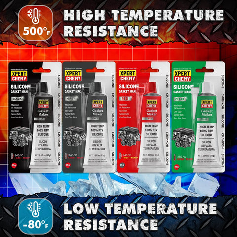 Automotive gasket maker silicone tubes by XPERT CHEMY, high-temp RTV, five color-coded packs in black, grey, red, green