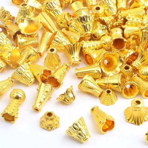 Bright Golden Mixed Flower Spacer Bead Caps Set Alloy Cone Bead Caps Jewelry Findings for DIY Jewelry Crafts 100g Pack