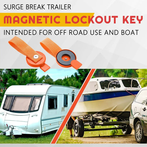 Surge brake lockout key set, orange magnetic, 4-piece with straps for boat trailers.