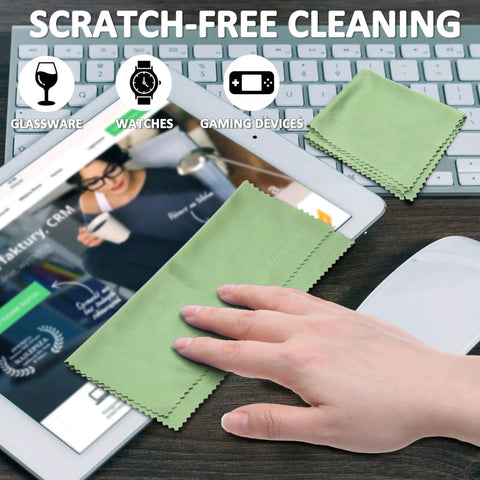 Green microfiber cloth cleaning tablet with text 'Scratch-Free Cleaning', from Premium Microfiber Cleaning Cloths 12 Pack For Glasses Cameras And Screens.