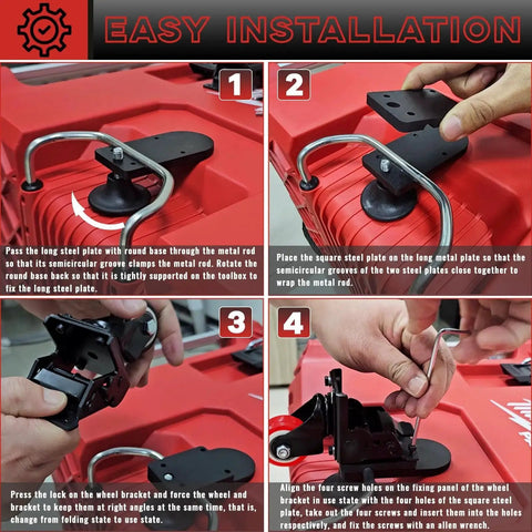 Easy installation steps for Packout Front Wheel Caster Kit For Milwaukee Packout Heavy Duty 200 Lb Capacity Steel Construction