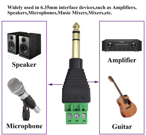 Diagram of 1/4 Inch TRS Audio Screw Terminal Block Adapter with connections to speaker, amplifier, microphone, and guitar.