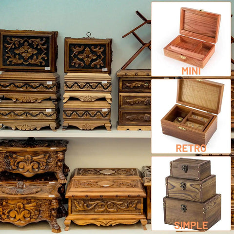Wooden jewelry boxes in various styles; ornate and carved designs visible; mini, retro, and simple options on the side.