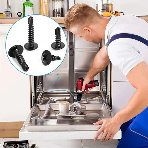 Man installing dishwasher with Stainless Steel Self Tapping Screws Kit With 380 Pieces Black Oxide TEK Screws For Metal
