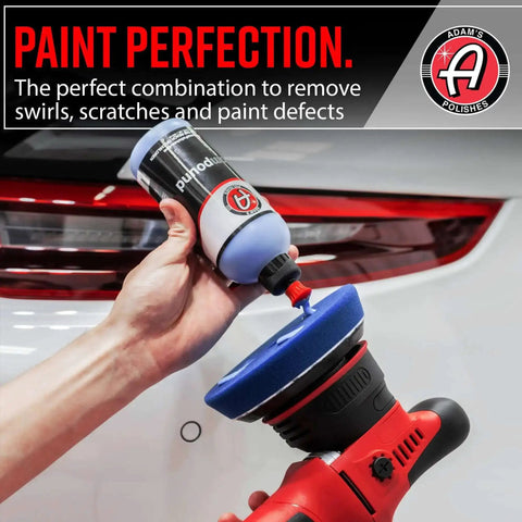 9mm Dual Action Car Polisher Long Throw DA Buffer with polish being applied, 1000W power for scratch and swirl free detailing