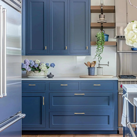 Brushed Brass Cabinet Handles 10 Pack 3 Inch Hole Centers Zinc Gold Drawer Pulls for cupboard and dresser on navy cabinets
