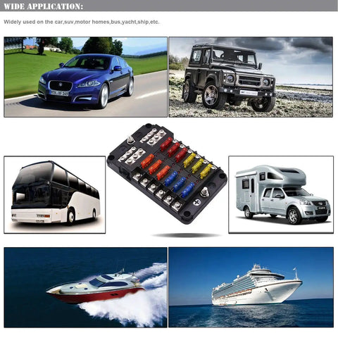 12 Way Blade Fuse Box Holder With LED Indicator And Protective Cover displayed with vehicles including car, truck, and yacht.