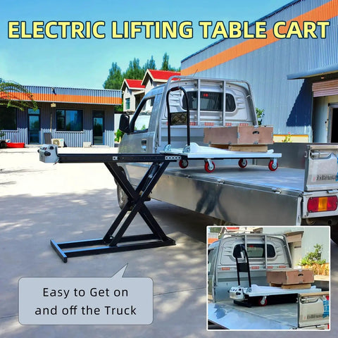 Side view of electric lift table cart with 47-inch platform and scissor lift mounted on a pickup truck bed.