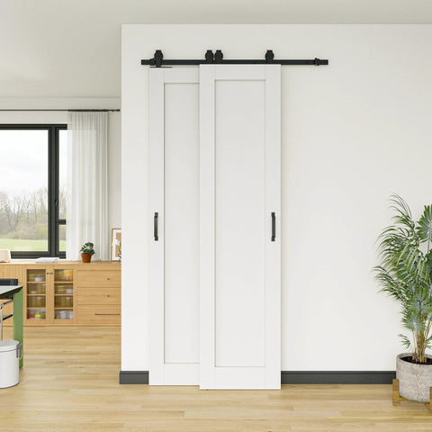 White Primed Solid Core Sliding Barn Doors 40x96 Inch Double Door Set With Bypass Hardware Kit installed in modern room