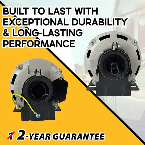 Front and rear view of 1/2 HP Belt Drive Motor GF2054 Replacement - Single Unit, 115V 60Hz 1725 RPM 48 Frame, with durability text