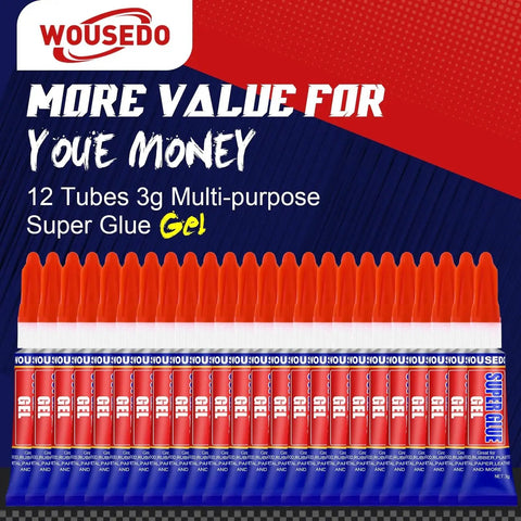 12 Pack 3G Gel Glue Tubes For Plastic Metal Ceramic Wood Fast Dry CA Glue in packaging, red caps, blue labels, front view.