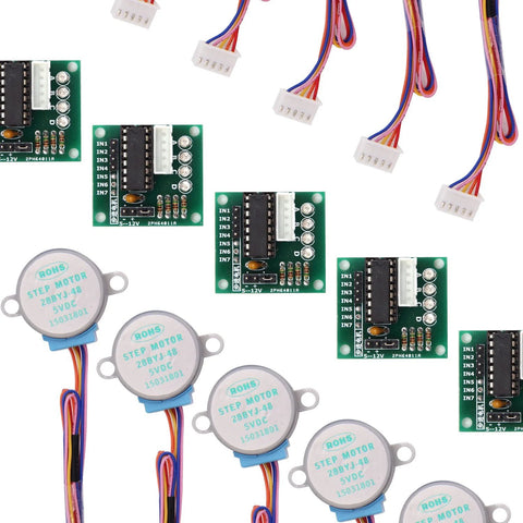 LAFVIN 5-set 28BYJ-48 5V stepper motors with ULN2003 driver boards for Arduino; includes five motors and cables.