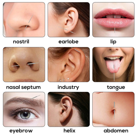 Different body piercings showing nose, ear, lip, septum, tongue, eyebrow, helix, and abdomen using Piercing Ball Grabber Tool.