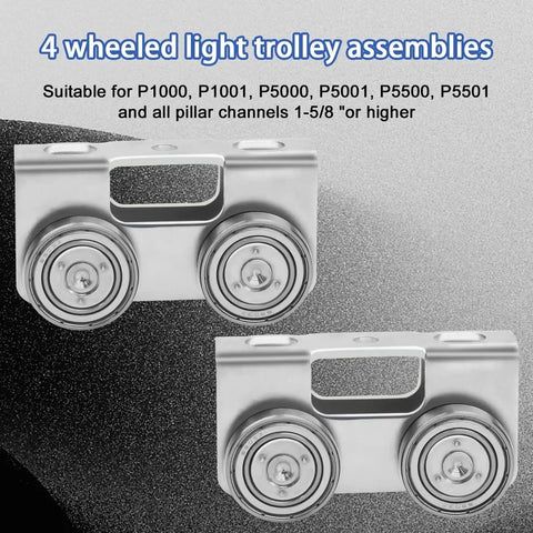 Four Wheel Trolley Assembly For Channel Strut Light Duty Compatible With All One And Five Eighths Inch P1000 P1001 P5000 P5001 P5500 P5501 And Taller Strut Channel In Electro Galvanized Steel For Rust And Corrosion Protection 2 Pack image showing two trolleys.