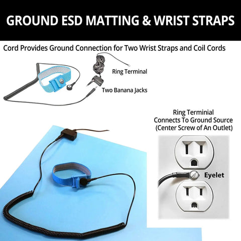 Table Mat Grounding Kit With Universal Snap Kit And 15 Foot 1M Ohm Ground Cord For ESD Safe Work Surfaces with wrist straps and banana jacks
