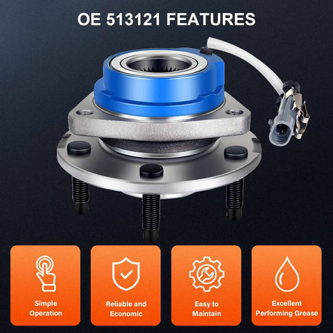 Front Wheel Bearing And Hub Assembly 513121 with ABS sensor for GM vehicles, showcasing features for Buick, Cadillac, Saturn models.