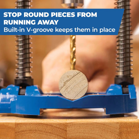 Portable Drill Guide Pro For Precise Angle Drilling A Self Centering Jig With Built In Dust Collection Adapter That Delivers Consistent Holes And Easy Setup For Cordless Drills No Fuss KDG6500 in use on wooden surface