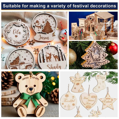 Variety of laser-cut basswood festival decorations featuring ornaments, trees, and holiday scenes made from unfinished plywood.
