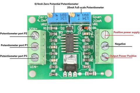 Voltage To Current Converter Module 0-5V To 4-20mA Signal Output For PLC Debugging with labeled potentiometers and terminals