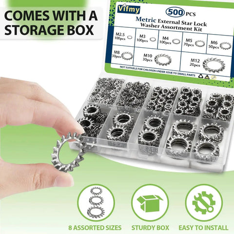 Hand holding an External Tooth Lock Washer Assortment Kit 8 Size 500 Pc M2.5 To M12 304 Stainless Steel Star Washers