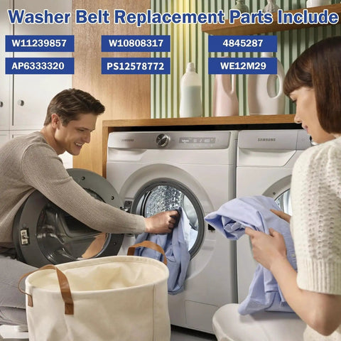 Front-loading Samsung washer and matching dryer in white; person loading clothes.