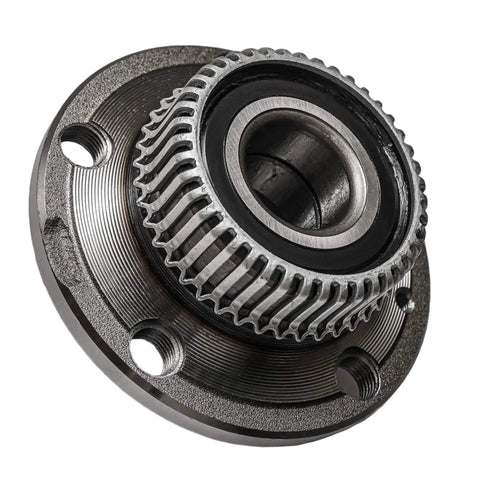 Close-up of a wheel bearing and hub from the 4 Piece Wheel Bearing And Hub Kit For VW Beetle Golf Jetta And Audi TT Front And Rear Bearings With Hubs Replacement Set Durable Easy To Install High Quality Bearings For Reliable Performance On Classic VW Cars, showing metal construction and bolt holes.