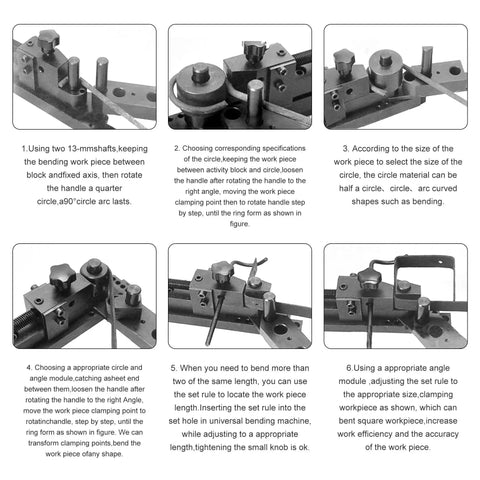 Manual Bench Mounted Mini Universal Bending Bender for wire, flat metal, and tubing in use, with detailed instructions for setup.