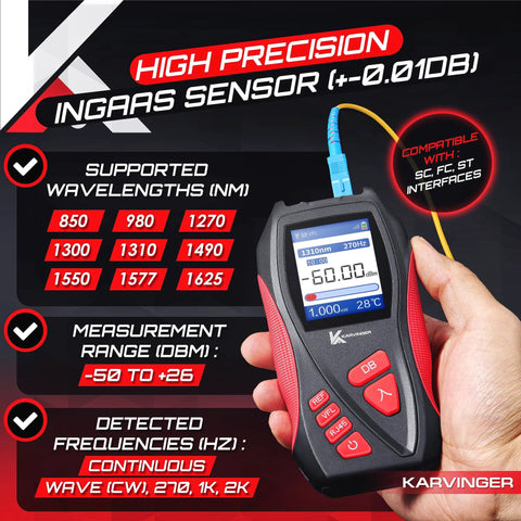 Karvinger 4-in-1 fiber optic power meter handheld tool with VFL, RJ45 tester and LED light for 800-1700 nm