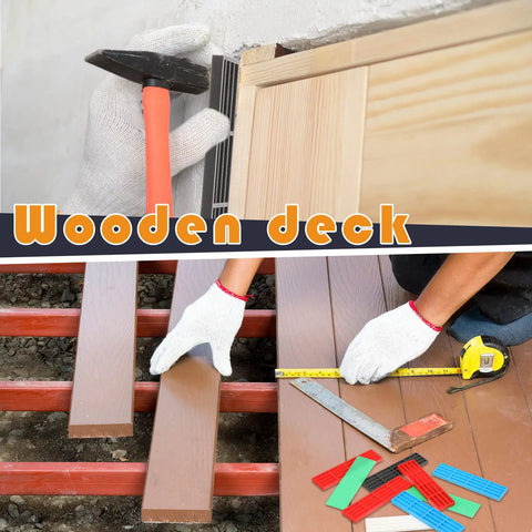300 Piece Plastic Flat Shims for Leveling Tiles and Cabinets in 6 Colors Green Black White Grey Blue Red 3/64 5/64 1/8 5/32 13/64 15/64 Inch Range for Quick, Precise Adjustments, close-up of shims and decking tools.