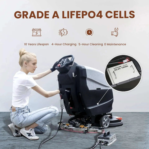 Woman operating 20 Inch Walk Behind Floor Scrubber With Brush And Lithium Battery, 5 Hour Run Time, 13 Gallon Capacity cleaning machine