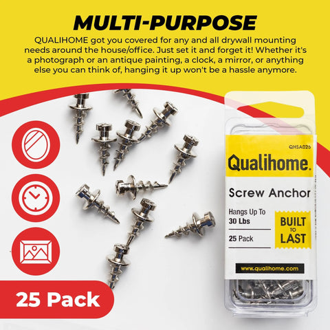 Double Headed Wall Screw Anchors And Picture Hooks Heavy Duty Bear Claw Hanger Screws Hold Up To 30 Lbs Ideal Drywall Fasteners For D Rings Wire Keyholes Hang Pictures And Mirrors In A 25 Pack displayed with packaging and scattered screws.