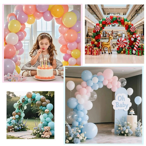 Flexible Balloon Arch Kit With Stand And Base For Events 9 Feet And 5.6 Ft High in various designs with multicolored balloons.