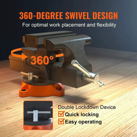 6.5 Inch Jaw Vise With 360 Degree Swivel Locking Base on workbench, heavy duty ductile iron construction, labeled 360° swivel design