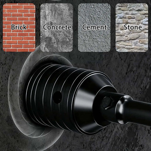 Two And A Half Inch Concrete Hole Saw Kit With SDS Plus Shank Includes Two Center Bits For Concrete Brick And Stone Electroplated Black Quenching Tech Heavy Duty Thickened Alloy Teeth For Faster Cuts And Longer Life Perfect For Pros And DIY Enthusiasts, showing the black electroplated saw cutting through masonry materials with visible texture samples of brick, concrete, cement, and stone.