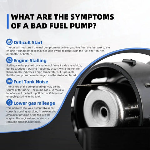 Symptoms of a bad fuel pump including difficult start, engine stalling, fuel tank noise, and lower gas mileage with pump image.