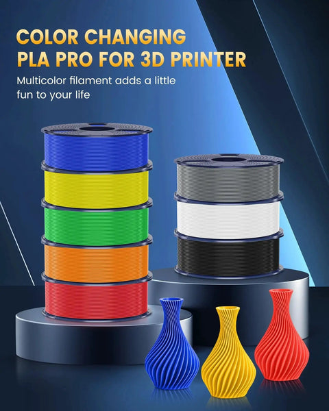 Spools of color-changing PLA Pro for 3D printers with multicolor vases on display.