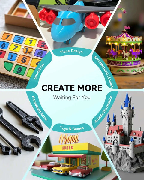 Collage of 3D printed models including airplane, carousel, castle, tools, and number puzzle.