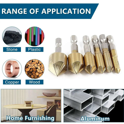 Six Piece Countersink Drill Bit Set With Three Flute 90 Degree Bits, Titanium HSS Chamfering Tools For Metal And Wood