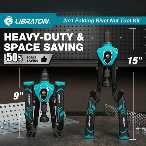 Two In One Rivet Nut Tool And Rivet Gun Kit Folding Heavy Duty Hand Tool, shown folded at 9 inches and extended at 15 inches.