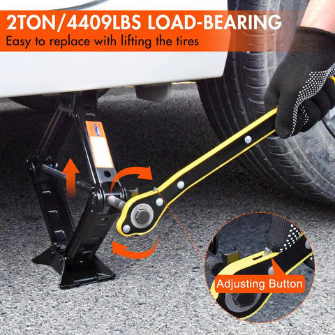 2-ton scissor car jack with yellow arm and black base, lug wrench visible for emergency tire change under vehicle.