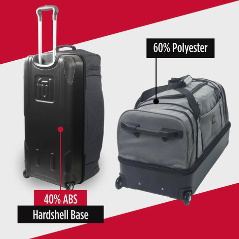 30 Inch Rolling Duffel Bag From Ful With Split Level Storage And Hard Shell Base shown in grey with material details.