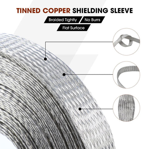 Tinned copper braided shielding sleeve coil, 5/16 in wide, 28 ft, flat braided mesh
