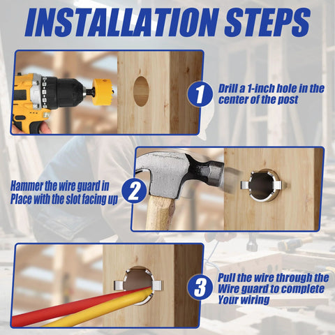Gadgetzan Smart Shield nail guard for wooden post wiring; 3-step installation guide showing drill, hammer, and wire pull
